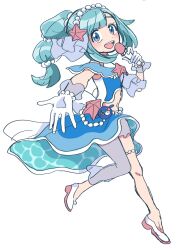  :d alternate_costume aria_pkmn bead_band beads blue_eyes blue_skirt eyelashes female full_body gloves green_hair hair_ornament hairband hand_up highres holding holding_microphone knees long_hair looking_at_viewer microphone open_mouth pokemon pokemon_sm ponytail popplio selene_(pokemon) shoes simple_background skirt smile teeth upper_teeth_only white_background white_footwear white_gloves 