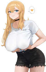  black_choker black_shorts blonde_hair blue_eyes blue_nails blush breasts choker closed_mouth commentary cowboy_shot english_commentary female heart highres large_breasts long_hair looking_at_viewer mole mole_above_eye nail_polish nhaliz original shirt shirt_tucked_in short_shorts short_sleeves shorts simple_background smile solo white_background white_shirt 