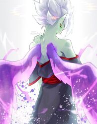  1boy bare_shoulders colored_skin dragon_ball dragon_ball_super earrings from_behind fused_zamasu green_skin hand_on_own_shoulder jacket jacket_partially_removed jewelry male_focus nana_tsuba_(pixiv78353289) paint_splatter pointy_ears potara_earrings purple_wings short_hair solo spiked_hair third-party_source twitter_username white_hair wings zamasu 