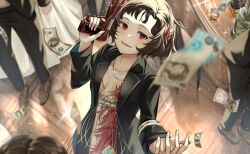  :d banknote black_coat black_hair black_suit blurry blurry_background blurry_foreground bottle breasts coat cup dress drinking_glass feather_dress feather_hair_ornament feathers female finger_on_trigger from_above gun hair_ornament hairband handgun hands_up highres holding holding_gun holding_weapon indoors jewelry light_particles long_sleeves looking_at_viewer looking_up money necklace no_bra open_clothes open_coat open_mouth people red_dress red_eyes red_feathers reverse:1999 rinse_7 schneider_(reverse:1999) short_hair small_breasts smile solo_focus sparkle suit table tablecloth teeth tile_floor tiles upper_body weapon wine_bottle 