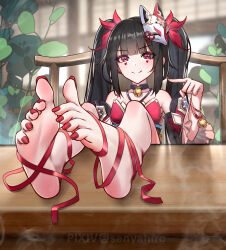  absurdres armpits barefoot bell black_hair closed_mouth eyebrows_hidden_by_hair facial_tattoo feet female foot_focus fox_mask full_body hair_between_eyes heart heart_tattoo highres honkai:_star_rail honkai_(series) jingle_bell long_hair looking_at_viewer mask mask_on_head nail_polish pink_eyes pointing senyahiro smile soles solo sparkle_(honkai:_star_rail) tattoo toes twintails very_long_hair 