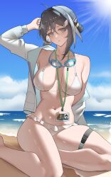  absurdres arknights arm_up bikini black_hair blue_eyes blush breasts chinese_commentary collarbone commentary_request day female frilled_bikini frills goggles goggles_around_neck grey_hair hair_between_eyes hair_intakes highres horizon jacket la_pluma_(arknights) la_pluma_(summer_flowers)_(arknights) lanyard long_sleeves medium_breasts navel ocean off_shoulder official_alternate_costume outdoors parted_lips partial_commentary short_hair sitting skindentation solo sunlight swimsuit thigh_strap water white_bikini white_jacket yat_(tsmn7245) zipper 