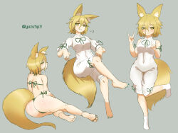  animal_ears ass bikini breasts brown_eyes brown_hair commentary covered_navel female fox_ears fox_girl fox_shadow_puppet fox_tail full_body green_bikini grey_background hair_between_eyes highres jumpsuit kudamaki_tsukasa multiple_pov pov simple_background solo swimsuit tail touhou twitter_username white_jumpsuit yuzu5p4 