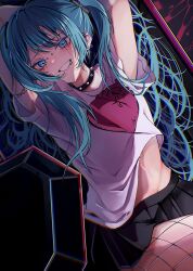  black_choker black_skirt blue_eyes blue_hair choker ear_piercing female fishnet_pantyhose fishnets grin hatsune_miku heart heart_print highres long_hair mouth_piercing navel nekota_rekura pantyhose piercing runny_makeup sad_girl_sex_(vocaloid) shirt skirt smile solo spiked_choker spikes t-shirt twintails vocaloid white_shirt 