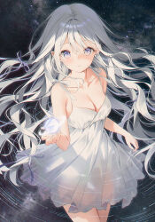  bare_arms bare_shoulders breasts cleavage dress female hair_between_eyes hair_ornament highres lace long_hair looking_at_viewer medium_breasts orb original solo star_(sky) wavy_hair weri white_dress white_eyes white_hair 