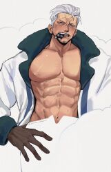  1boy abs absurdres bare_pectorals bright_pupils brown_eyes brown_gloves chain_smoking cigar coat collarbone facial_hair furrowed_brow gloves hair_slicked_back hand_on_own_hip highres large_pectorals linea_alba looking_at_viewer male_focus naked_coat navel one_piece open_mouth pectorals scar scar_across_eye short_hair signature smoke smoker_(one_piece) solo stitched_face stitches stubble teeth v-shaped_eyebrows vamos_mk white_coat white_hair white_pupils 