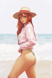  ass bikini breasts female hat heyy_vivii highres long_hair looking_at_viewer nami_(one_piece) one_piece orange_eyes orange_hair shirt smile solo strawhat swimsuit water 