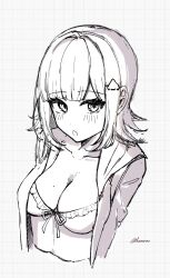  :o artist_name bikini blunt_bangs blush breasts cleavage collarbone cropped_torso danganronpa_(series) danganronpa_2:_goodbye_despair female flipped_hair frilled_bikini frills front-tie_bikini_top front-tie_top hamorno_(wamomo) highres jacket large_breasts medium_hair nanami_chiaki open_clothes open_jacket solo spaceship_hair_ornament swimsuit 