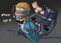  belly blindfold bondage bondage bound cammy_white clenched_hands collarbone copyright_request feet gag gagged highres hogtie improvised_gag mcbound midriff muffled original street_fighter street_fighter_6 struggling tape tape_gag tied_up_(nonsexual) 