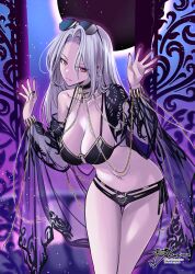  absurdres asakou_(n_morninglight) bare_shoulders bikini black_bikini bracelet breasts carmilla_(fate) carmilla_(swimsuit_rider)_(fate) carmilla_(swimsuit_rider)_(third_ascension)_(fate) choker cleavage collarbone eyewear_on_head fate/grand_order fate_(series) female forehead highres jewelry large_breasts long_hair looking_at_viewer navel parted_bangs see-through solo sunglasses swimsuit thighs white_hair yellow_eyes 