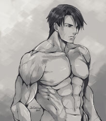  1boy abs bara commentary completely_nude dated fire_emblem fire_emblem:_radiant_dawn forehead greyscale highres large_pectorals male_focus monochrome multiple_scars muscular muscular_male navel nipples nude parted_bangs pectoral_cleavage pectorals scar serious shadow short_hair simple_background upper_body v-shaped_eyebrows yajiro_masaru zelgius_(fire_emblem) 