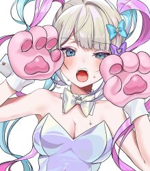  animal_hands bare_shoulders blonde_hair blue_bow blue_eyes blue_hair blue_leotard bow breasts cat_paws chouzetsusaikawa_tenshi-chan cleavage commentary daten_route detached_collar female gloves hairbow hands_up heart highres leotard long_hair looking_at_viewer medium_breasts multicolored_hair needy_girl_overdose official_alternate_costume open_mouth paw_gloves pink_hair purple_bow quad_tails ramika_(ramika0606) solo strapless strapless_leotard symbol-only_commentary upper_body white_background 