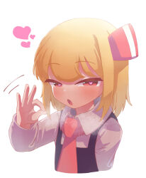  ascot black_vest blonde_hair blush collared_shirt fellatio_gesture female hair_ribbon hand_up heart heart-shaped_pupils highres long_sleeves looking_at_viewer open_mouth oral_invitation oyatu_potage red_ascot red_eyes red_ribbon ribbon rumia sexually_suggestive shirt short_hair simple_background solo symbol-shaped_pupils touhou upper_body vest white_background white_shirt 