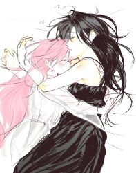  0820_lakia 2girls bare_arms black_dress black_hair closed_eyes closed_mouth commentary_request cuddling dress highres korean_commentary long_hair long_sleeves lying multiple_girls on_side original parted_lips pink_hair see-through see-through_sleeves simple_background sleeping sleeveless sleeveless_dress white_background white_dress yuri 