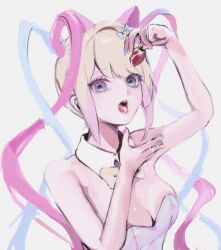  animal_ears bare_shoulders blonde_hair blue_eyes blue_hair blue_leotard bow breasts cat_ears chouzetsusaikawa_tenshi-chan cleavage daten_route detached_collar female food fruit hairbow hand_up holding leotard long_hair looking_at_viewer medium_breasts mizureito multicolored_hair needy_girl_overdose official_alternate_costume open_mouth pink_hair quad_tails solo strapless strapless_leotard strawberry tongue tongue_out upper_body 