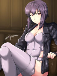  black_jacket covered_navel female ghost_in_the_shell highres indoors jacket kusanagi_motoko leotard medium_hair purple_hair red_eyes signature strapless strapless_leotard thighhighs white_leotard white_thighhighs zxpfer 