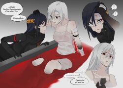  1yym 2girls android angry ariane_yeong black_hair blue_eyes camisole cyberpunk falke_(signalis) highres joints long_hair metal_skin multiple_girls red_eyes robot_girl robot_joints science_fiction signalis white_hair 