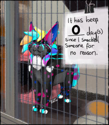  2023 absurd_res ambiguous_gender cage caged ear_piercing english_text felid feline feral fur hair hi_res humor looking_aside mammal multicolored_body multicolored_fur multicolored_hair piercing sign solo sparklefur standing text thecatherd 