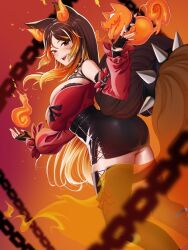  animal_ears ass black_nails black_thighhighs breasts brown_hair chest_harness collar dutch_angle female fiery_ears fingerless_gloves gloves harness highres huge_breasts indie_virtual_youtuber long_hair looking_at_viewer multicolored_hair open_mouth orange_eyes orange_fire saiko_(saikoart) sinder_(vtuber) sinder_(vtuber)_(3rd_costume) solo spiked_belt spiked_collar spikes streaked_hair tail tail_belt thighhighs virtual_youtuber wolf_ears wolf_girl wolf_tail 