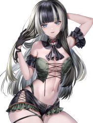  arm_behind_head arm_up black_choker black_gloves black_hair black_shorts blue_eyes blunt_bangs breasts choker clothing_request female frilled_shorts frills gloves grey_hair highres hololive hololive_dev_is juufuutei_raden karanashi_noma lace-trimmed_choker lace_trim looking_at_viewer medium_breasts navel shorts sidelocks smile solo virtual_youtuber white_background 