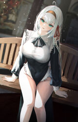  absurdres ahoge alisa_mikhailovna_kujou aqua_eyes arm_strap bench black_bodysuit black_bow black_bowtie bodysuit bow bowtie breasts closed_mouth feet_out_of_frame female frilled_bodysuit frills groin hair_ribbon hairband highres large_breasts long_hair long_sleeves looking_at_viewer nir_525 on_bench red_ribbon ribbon sitting solo thighs tokidoki_bosotto_roshia-go_de_dereru_tonari_no_alya-san two-tone_bodysuit white_bodysuit white_hair yellow_hairband 