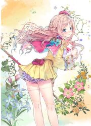  arched_crown atelier_(series) atelier_meruru bloomers blue_eyes blush bow cape commentary_request crown detached_sleeves dress embarrassed female flower juliet_sleeves kishida_mel long_hair long_sleeves looking_at_viewer looking_back merurulince_rede_arls official_art pink_hair puffy_sleeves red_bow red_crown short_dress skirt solo tilted_headwear underwear white_background white_bloomers yellow_skirt 