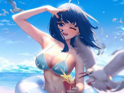  absurdres ahoge arm_up bikini bird blue_bikini blue_eyes blue_hair breasts cleavage cup day disposable_cup female food french_fries hand_on_own_forehead highres holding holding_food horizon inflatable_raft large_breasts looking_at_viewer make_heroine_ga_oo_sugiru! medium_hair midriff navel ocean one_eye_closed open_mouth outdoors seagull signature sklt_(swyt8223) sky solo string_bikini swimsuit teeth upper_body upper_teeth_only wet yanami_anna 