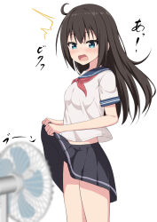  ^^^ black_hair black_skirt blue_eyes blue_sailor_collar blurry blurry_foreground blush breasts clothes_lift commentary_request depth_of_field electric_fan fanning_crotch fanning_self female hair_between_eyes highres lifting_own_clothes long_hair looking_at_viewer neckerchief open_mouth original pleated_skirt red_neckerchief sailor_collar shirt short_sleeves simple_background skirt skirt_lift small_breasts solo standing takasuma_hiro translation_request white_background white_shirt 