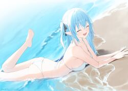  artist_name bikini blue_hair breasts closed_eyes commentary crossed_bangs female hair_between_eyes hair_ribbon highres hololive large_breasts long_hair lying mirai_(mirai76_) oerba_yun_fang on_stomach partially_submerged pointy_ears ribbon sidelocks skin_fang smile solo swimsuit white_bikini yukihana_lamy 