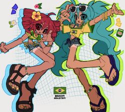  2girls ahoge anklet aqua_eyes aqua_hair bikini bracelet brazilian_miku can denim denim_shorts drill_hair eyewear_on_head flower full_body green_bikini hair_flower hair_ornament hatsune_miku hibiscus highres jar jewelry jwnn kasane_teto long_hair looking_at_viewer multiple_girls nail_polish open_mouth pink_eyes pink_hair sandals shaka_sign shirt short_sleeves shorts smile sunglasses swimsuit tan tanlines toenail_polish toenails twin_drills twintails utau very_long_hair vocaloid yellow_flower yellow_shirt 