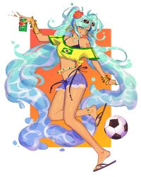  absurdres ball bead_choker belly_chain borrowed_design bracelet bracelet_tan brazil brazilian_flag brazilian_flag_print brazilian_miku can earrings full_body gold_earrings hatsune_miku highres holding holding_can jewelry multiple_bracelets noroiju rectangular_earrings sandals shorts_tan smile soccer_ball solo tan tanline_peek tanlines twintails vocaloid white-framed_eyewear 