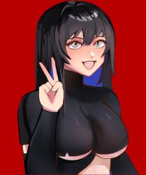  ahomushi994 black_hair black_shirt breasts female girls&#039;_frontline grey_eyes hand_up highres large_breasts long_hair long_sleeves open_mouth red_background shirt sig_cross_(girls&#039;_frontline) simple_background smile solo sweater turtleneck turtleneck_sweater underboob upper_body v 