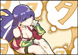  aoba_(smartbeat) bikini blue_eyes blunt_bangs breasts choker cleavage collarbone cross cross_choker elbow_gloves fate/grand_order fate_(series) female gauntlets gloves highres kobayashi-san_chi_no_maidragon large_breasts long_hair looking_at_viewer martha_(fate) martha_(swimsuit_ruler)_(fate) martha_(swimsuit_ruler)_(third_ascension)_(fate) navel parody purple_hair red_gloves sitting solo swimsuit thigh_strap thighs thought_bubble translated white_bikini 