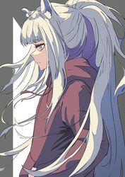  absurdres animal_ears arknights drawstring female flat_chest from_side hand_in_pocket highres hood hoodie horse_ears long_eyelashes long_hair platinum_(arknights) ponytail protected_link red_shirt sarasa_dry shirt simple_background solo sweater white_hair 