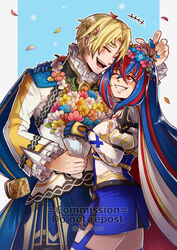  1boy :d ^_^ alear_(female)_(fire_emblem) alear_(fire_emblem) alfred_(fire_emblem) blonde_hair blue_flower blue_hair blue_skirt bouquet closed_eyes commentary cowboy_shot female fire_emblem fire_emblem_engage flower grin gzei hair_flower hair_ornament highres holding holding_bouquet juliet_sleeves long_sleeves miniskirt multicolored_hair one_eye_closed open_mouth petals pink_flower puffy_sleeves red_eyes red_hair shirt skirt smile standing thighs white_shirt yellow_flower 