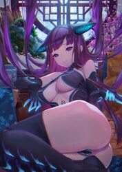  absurdres ass bare_shoulders black_dress black_gloves black_headwear black_thighhighs blue_eyes blunt_bangs blush breasts center_opening dress elbow_gloves fate/grand_order fate_(series) female flower flute gloves highres instrument large_breasts long_hair looking_at_viewer nox13 parted_lips purple_hair smile solo thighhighs thighs very_long_hair yang_guifei_(fate) yang_guifei_(third_ascension)_(fate) 