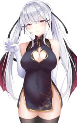  bare_shoulders black_dress black_thighhighs breasts china_dress chinese_clothes cleavage cleavage_cutout clothing_cutout commentary_request covered_navel cowboy_shot demon_wings doyachii dress elbow_gloves female gloves gold_trim hair_ornament hair_ribbon hand_up handjob_gesture highres large_breasts long_hair looking_at_viewer original pelvic_curtain red_eyes ribbon simple_background sleeveless sleeveless_dress smile solo thighhighs thighs twintails white_background white_gloves white_hair wing_collar wings 