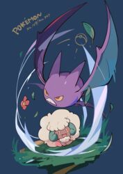  :d absurdres bad_id bad_pixiv_id commentary copyright_name crobat falling_leaves flower flying grass highres leaf no_humans open_mouth orange_eyes poke_ball_symbol pokedex_number pokemon pokemon_(creature) smile teeth tongue toukashi_(2tou9) whimsicott 