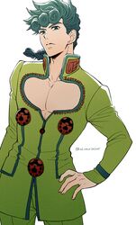  1boy alternate_color braid cleavage_cutout clothing_cutout giorno_giovanna gradient_hair green_eyes green_hair hand_on_own_hip haruko_(chikadoh) jojo_no_kimyou_na_bouken ladybug_ornament male_focus multicolored_hair pectoral_cleavage pectorals solo vento_aureo wing_ornament 