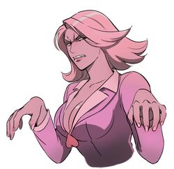  angry april_may breasts buttons cleavage clenched_teeth female flipped_hair furrowed_brow gyakuten_saiban heart_button jacket large_breasts looking_at_viewer n0n0n_ma open_mouth phoenix_wright:_ace_attorney pink_hair pink_jacket pink_lips short_hair simple_background solo teeth upper_body white_background 