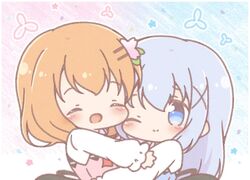  2girls ^_^ blonde_hair blue_background blue_eyes blue_hair blue_vest blush chibi closed_eyes commentary_request gochuumon_wa_usagi_desu_ka? gradient_background hair_ornament hairclip highres hoto_cocoa hug kafuu_chino long_hair long_sleeves mitarashi_neko multiple_girls one_eye_closed open_mouth pink_background pink_vest rabbit_house_uniform shirt short_hair smile uniform vest white_shirt x_hair_ornament 