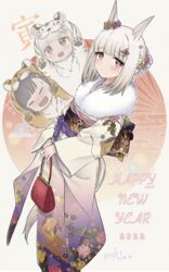  2022 2girls animal_costume animal_ears animal_print artist_name bag blunt_bangs blush brown_hair chibi chibi_inset dated flower fur-trimmed_kimono fur_trim hair_bun hair_flower hair_ornament hairclip handbag happy_meek_(umamusume) happy_new_year highres holding holding_bag horse_ears horse_girl horse_tail japanese_clothes kimono kiryuuin_aoi long_sleeves looking_at_viewer medium_hair multiple_girls new_year obi pink_eyes raised_eyebrows ryusei_(ryusei_b) sash single_hair_bun tail tiger_costume tiger_print twitter_username umamusume 