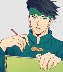  1boy black_hair diamond_wa_kudakenai earrings green_eyes haruko_(chikadoh) headband holding holding_pencil jewelry jojo_no_kimyou_na_bouken kishibe_rohan male_focus pencil sketchbook solo 