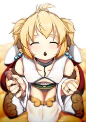  andira_(granblue_fantasy) animal_ears bare_shoulders blonde_hair closed_eyes commentary_request detached_sleeves earrings erune facing_viewer female food granblue_fantasy highres holding incoming_pocky_kiss jewelry monkey_ears mouth_hold pocky pocky_day pocky_kiss psychopath_idiot ring short_hair sitting solo thigh_gap wings 