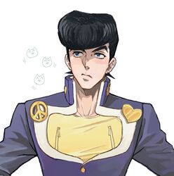  1boy black_hair blue_eyes blush feline gakuran haruko_(chikadoh) heart higashikata_josuke jojo_no_kimyou_na_bouken male_focus peace_symbol pompadour school_uniform solo 