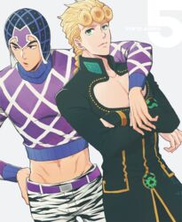  2boys alternate_color animal_print argyle_clothes argyle_sweater arm_around_neck blonde_hair cleavage_cutout clothing_cutout giorno_giovanna green_eyes guido_mista haruko_(chikadoh) hat jojo_no_kimyou_na_bouken male_focus midriff multiple_boys pectoral_cleavage pectorals sweater tiger_print turtleneck vento_aureo wing_ornament 