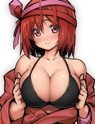  bare_shoulders bikini black_bikini blush bob_cut breasts chocolate_cosmos_(flower_knight_girl) commentary_request female flower_knight_girl hair_ribbon highres kintarou_(kintarou&#039;s_room) large_breasts long_sleeves looking_at_viewer medium_hair off_shoulder red_eyes red_hair ribbon solo swimsuit upper_body 