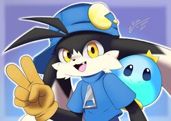  2019 absurd_res anthro bandai_namco black_and_white black_body black_fur blue_background blue_body blue_clothing clothed clothing domestic_cat duo eoks fangs felid feline felis fur gesture gloves hair hand_gesture handwear hat headgear headwear hi_res huepow humanoid hybrid klonoa klonoa_(series) looking_at_viewer male mammal monochrome multicolored_body multicolored_ears multicolored_fur open_mouth signature simple_background smile spirit teeth text v_sign white_body white_fur yellow_clothing zipper 