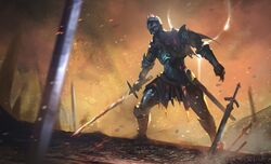  1other ambiguous_gender armor armored_boots boots breastplate dark_souls_(series) dark_souls_iii eclipse field_of_blades full_armor gauntlets helmet holding holding_sword holding_weapon knight miso_katsu orange_sky pauldrons planted planted_sword sheath shoulder_armor signature sky solo soul_of_cinder sword weapon 