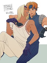  2boys blonde_hair blue_eyes dark-skinned_male dark_skin gloves grabbing hand_under_clothes hand_under_shirt haruko_(chikadoh) headband jojo_no_kimyou_na_bouken lipstick long_hair makeup male_focus multiple_boys orange_hair pectoral_grab shirt squalo striped tiziano vento_aureo vertical_stripes yaoi 